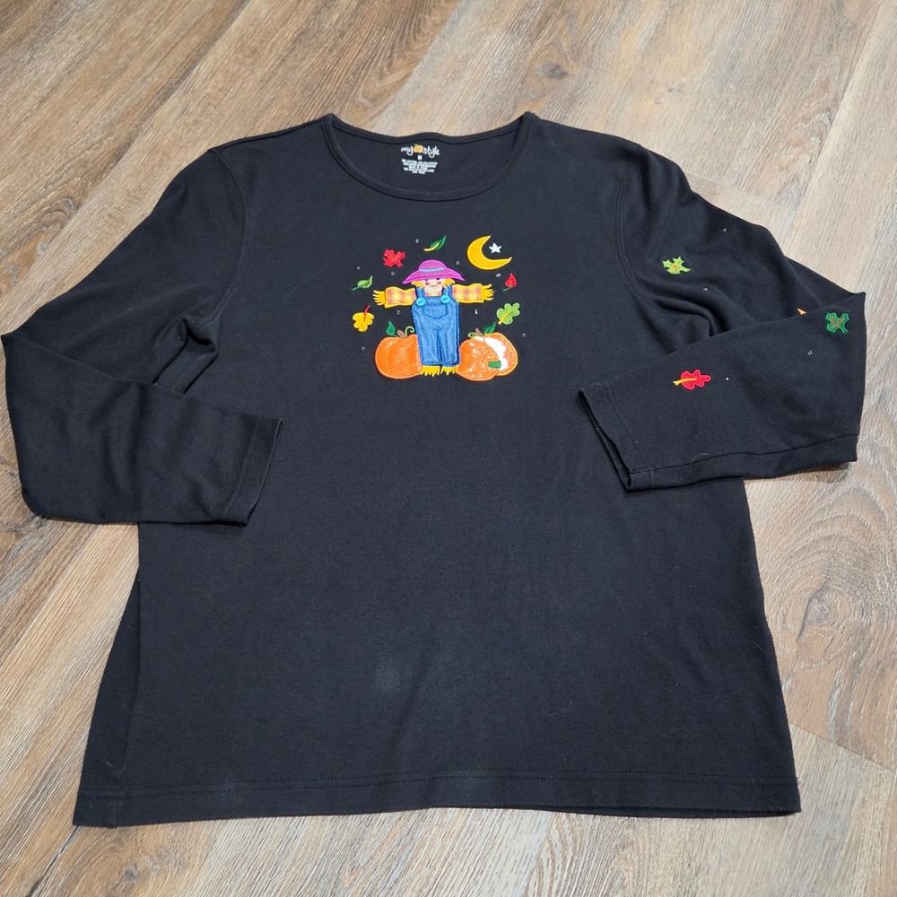 My Style Womens Fall Scarecrow Pumpkin Embroidered Long Sleeve Top Black Medium